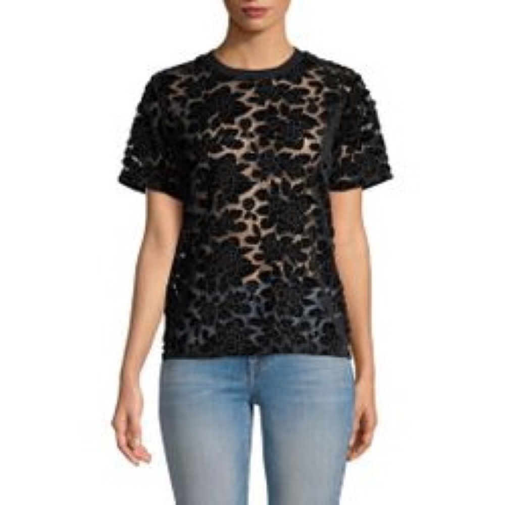 7 For All Mankind | Velvet Floral Mesh Top Black S